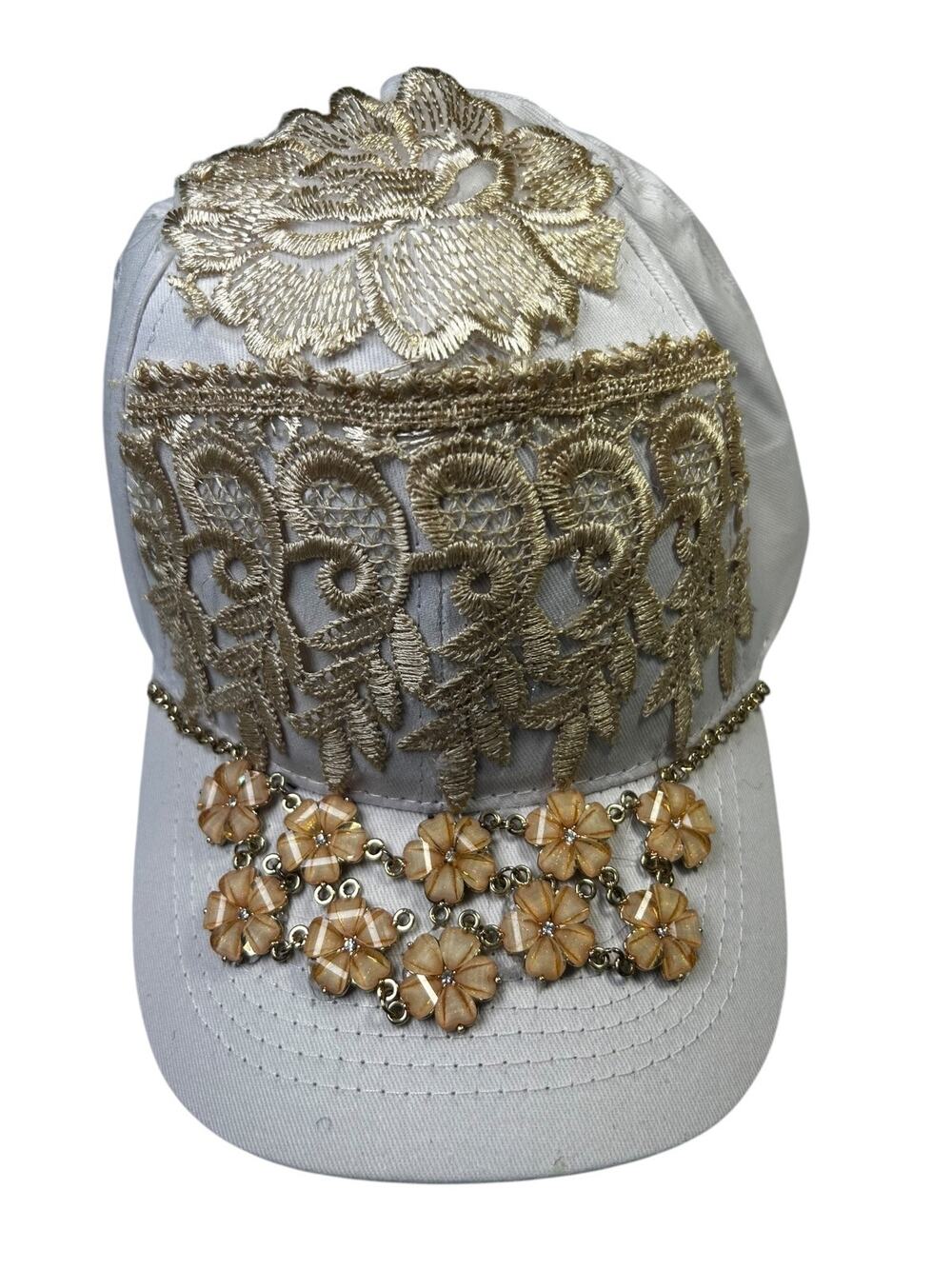OOAK Upcycled White & Gold Boho Baseball Cap Handmade